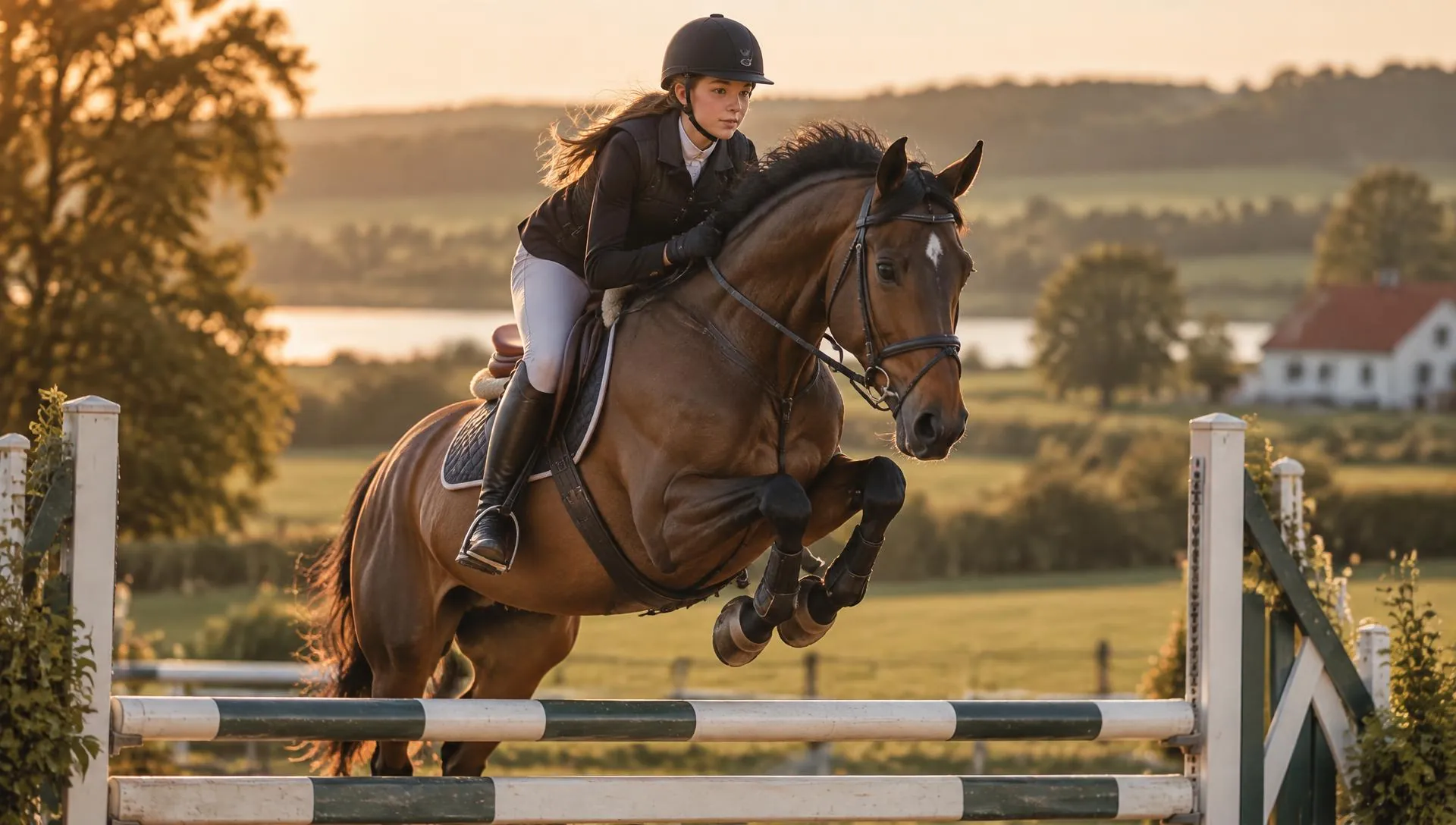 Ung rytter på springpony i aftenlys